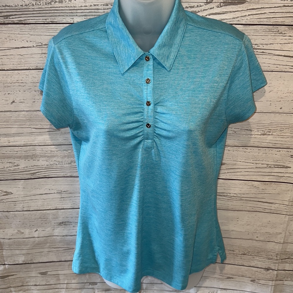 Callaway Aqua Blue Short Sleeved Collared Golf Polo with Ruching Detail Sz Med